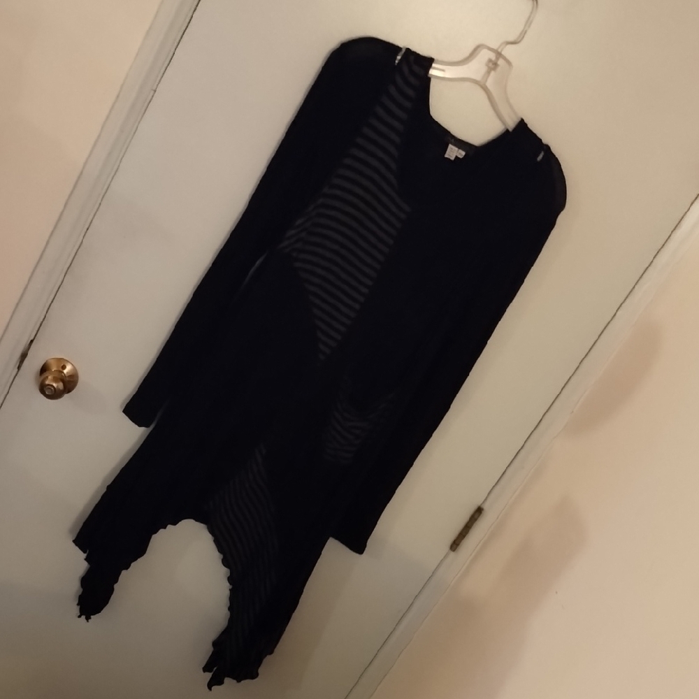 Black Striped Long Sleeve Cardigan and Sleeveless Dress Combo